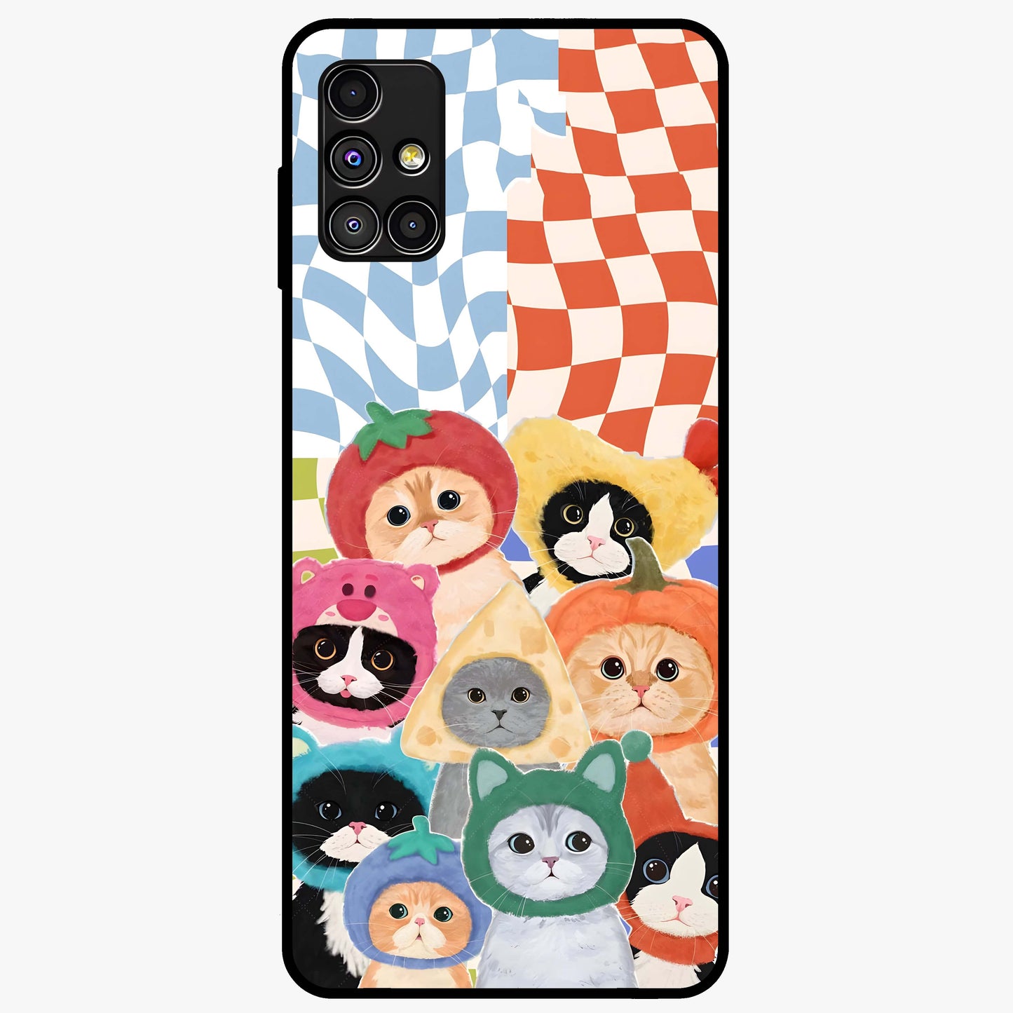 Cats in Fruits Glass Case showing flat back view with playful cat illustrations inside fruit artwork and glossy glass finish.