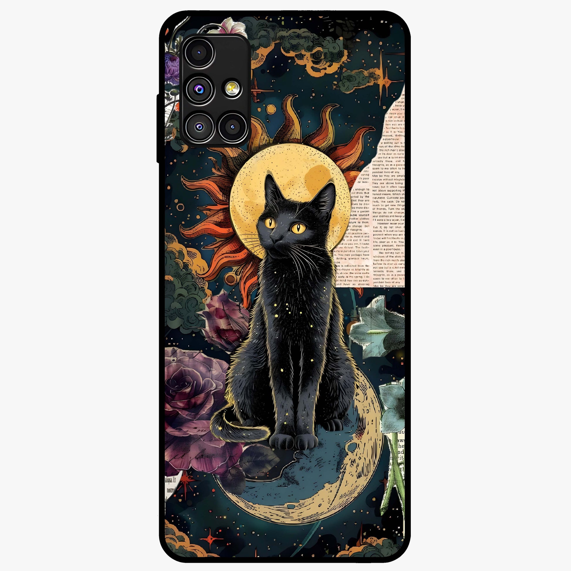 Celestial Black Cat Glass Case showing flat back view with mystical black cat artwork and glossy glass finish.