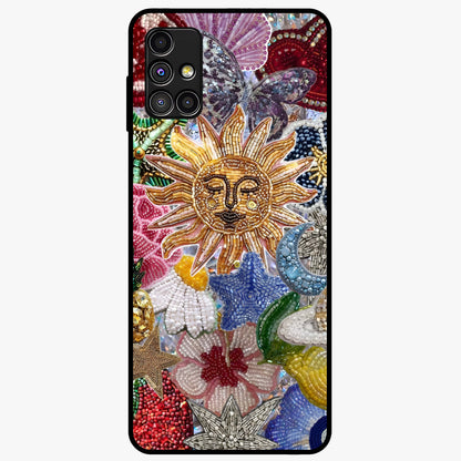 Celestial Floral and Playful Glass Case showing flat back view with floral and celestial themed artwork and glossy glass finish.