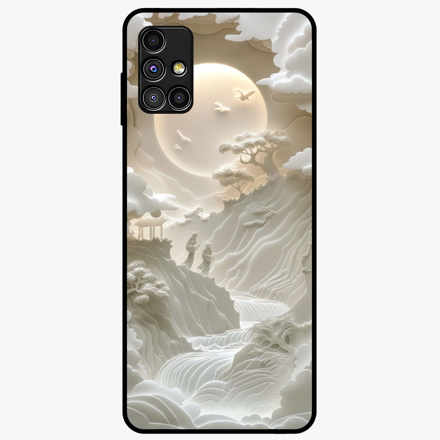 Celestial Origami Glass Case showing flat back view with artistic origami inspired celestial artwork and glossy glass finish.