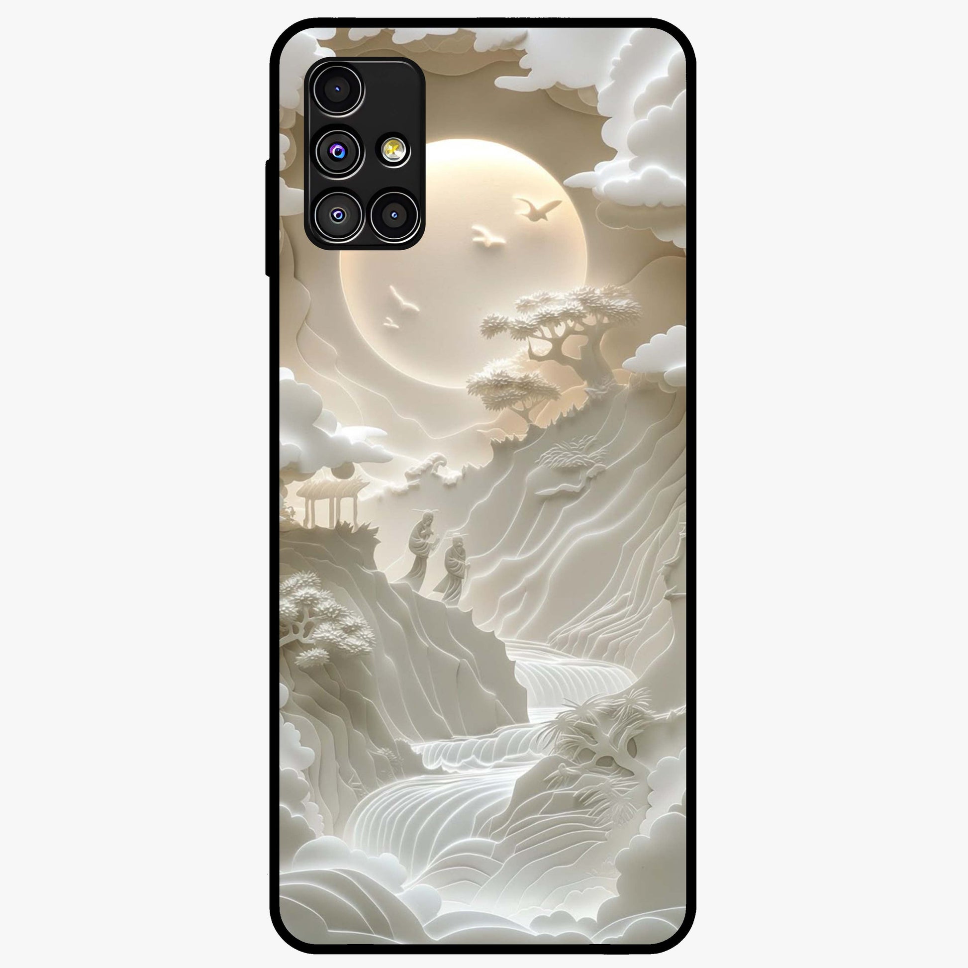 Celestial Origami Glass Case showing flat back view with artistic origami inspired celestial artwork and glossy glass finish.