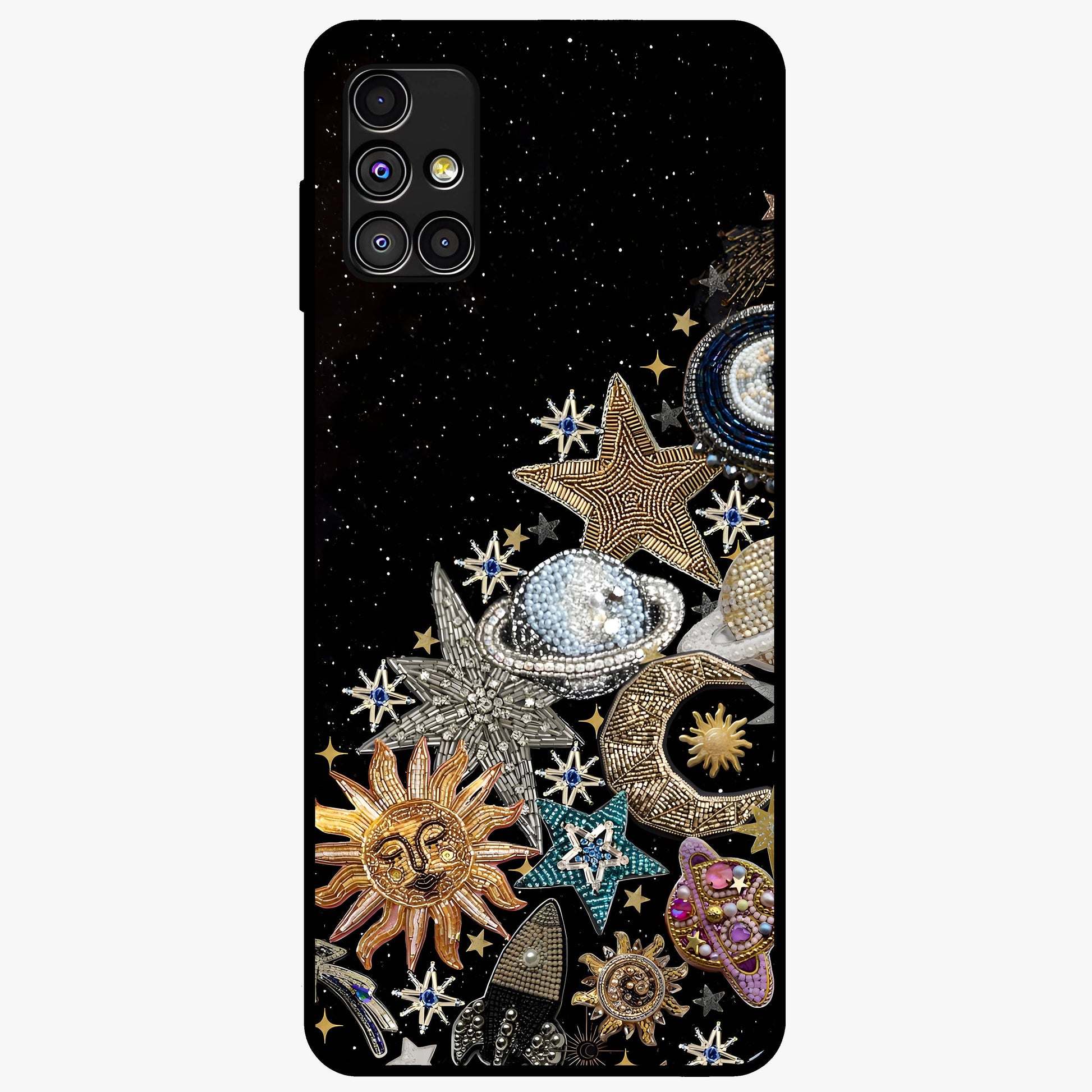 Cosmic Sparkle Dreams Glass Case showing flat back view with sparkling cosmic artwork and glossy glass finish.