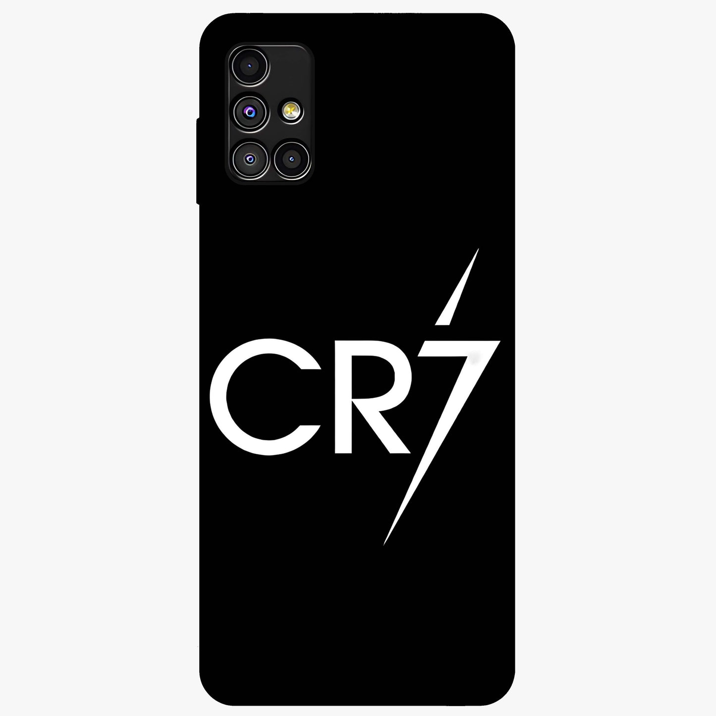 Cr7 Elite Strike Glass Case showing flat back view with dynamic football inspired artwork and glossy glass finish.