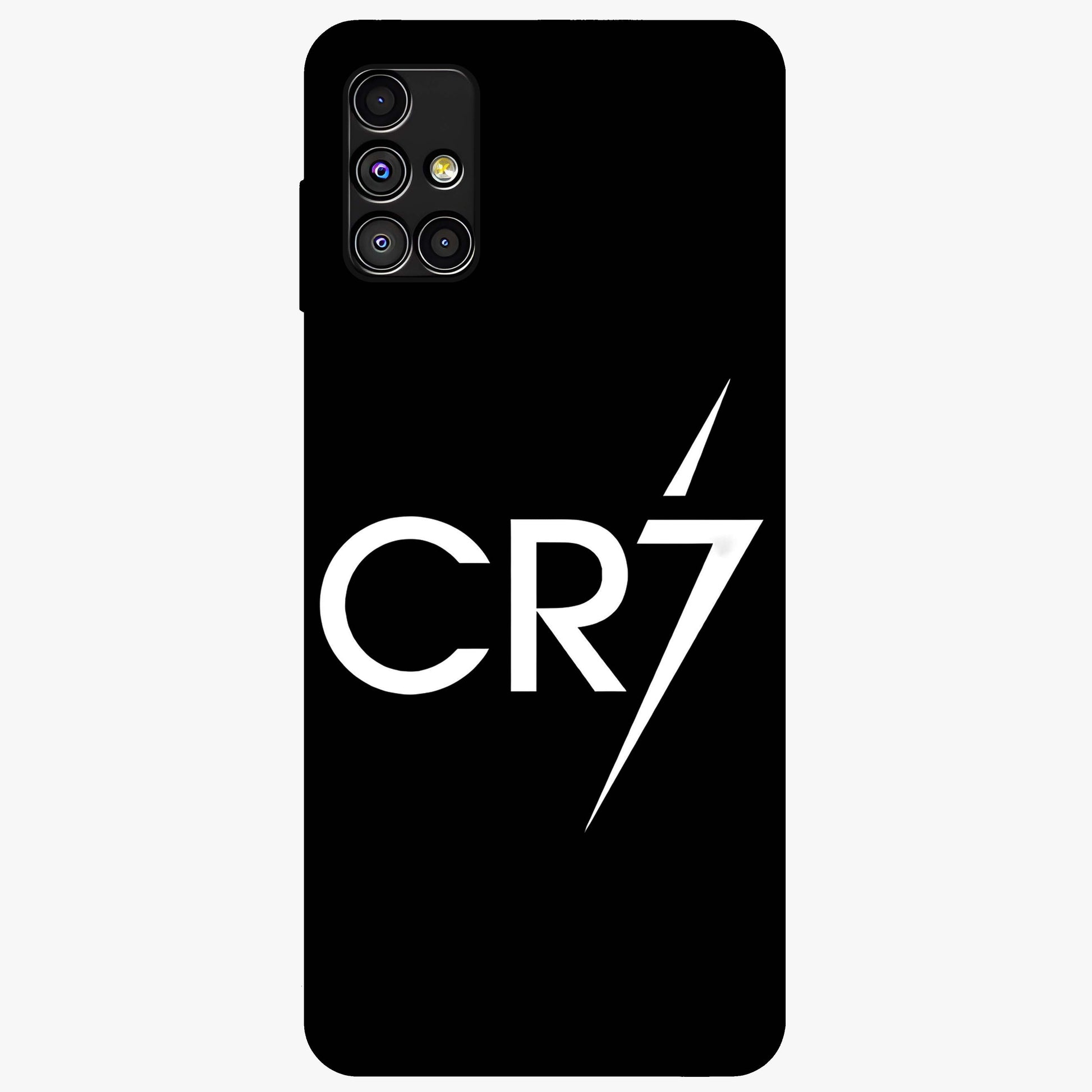 Cr7 Elite Strike Glass Case showing flat back view with dynamic football inspired artwork and glossy glass finish.
