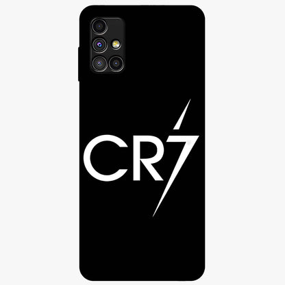 Cr7 Elite Strike Glass Case showing flat back view with dynamic football inspired artwork and glossy glass finish.