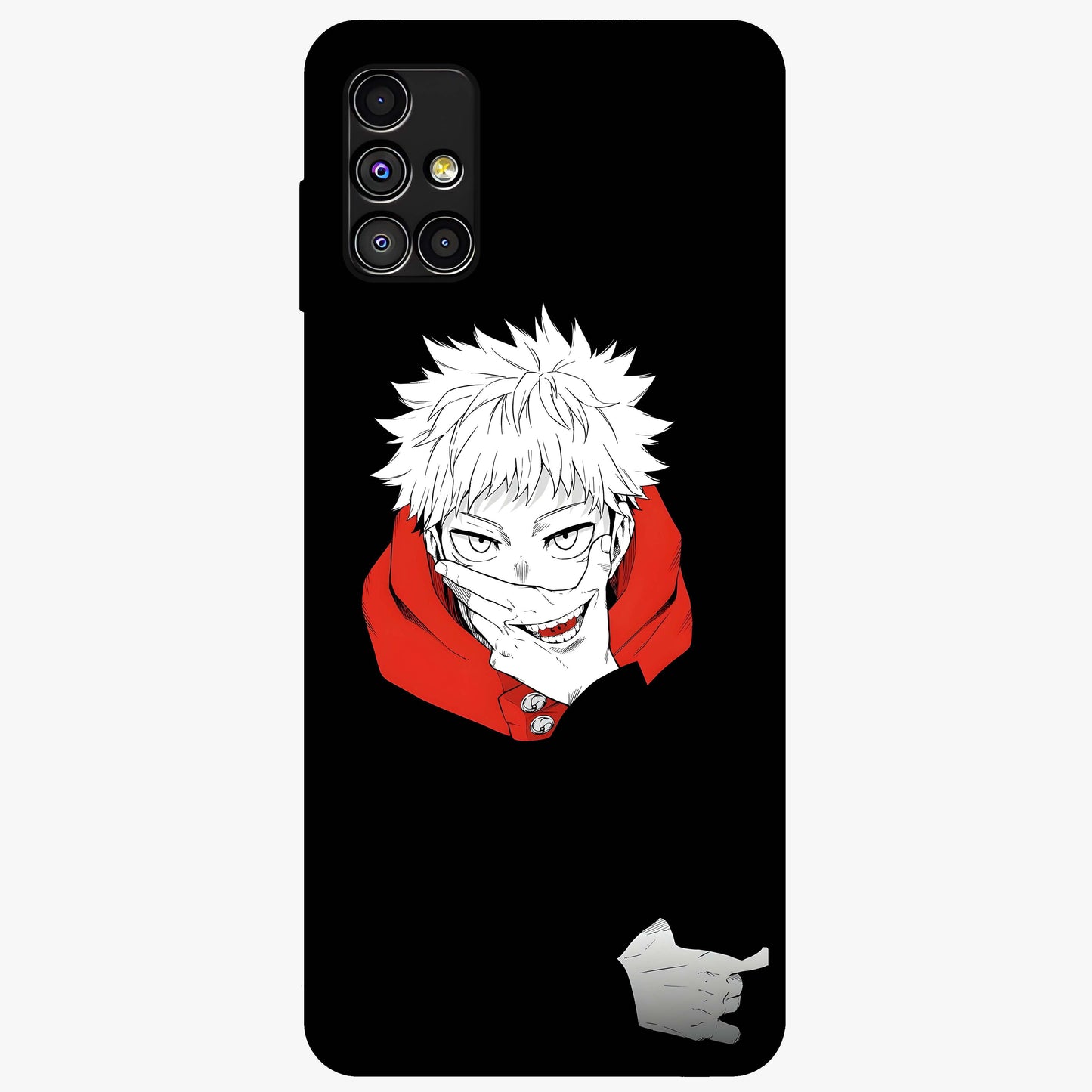 Crimson Chaos Smile Glass Case showing flat back view with bold chaotic smile artwork and glossy glass finish.