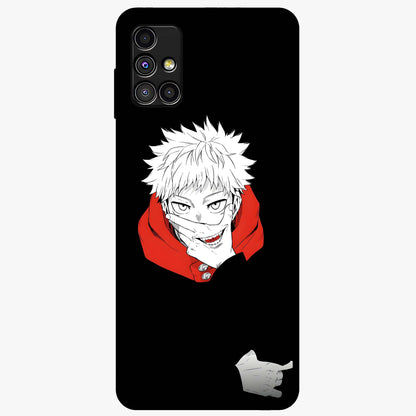 Crimson Chaos Smile Glass Case showing flat back view with bold chaotic smile artwork and glossy glass finish.