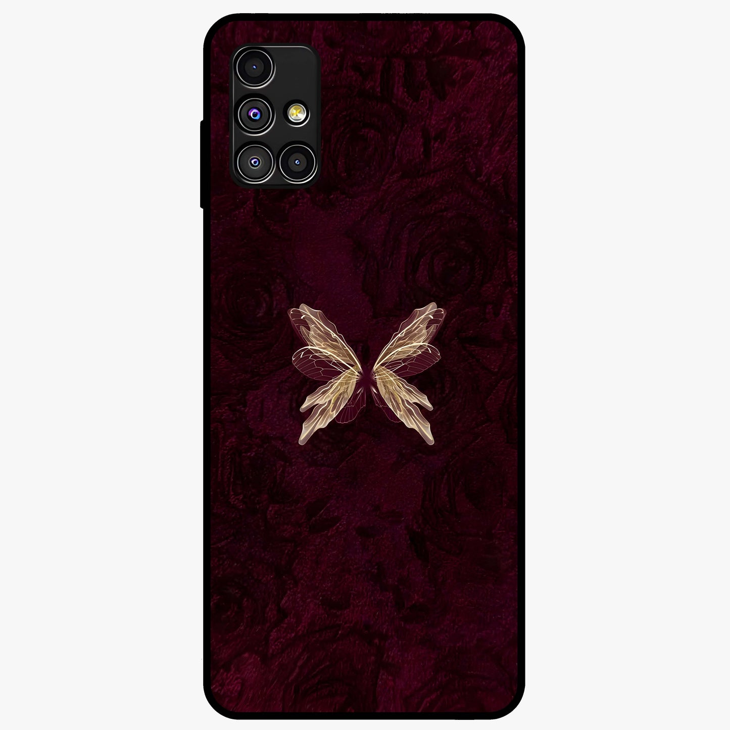 Crimson Fade Butterfly Glass Case showing flat back view with fading butterfly artwork and glossy glass finish.