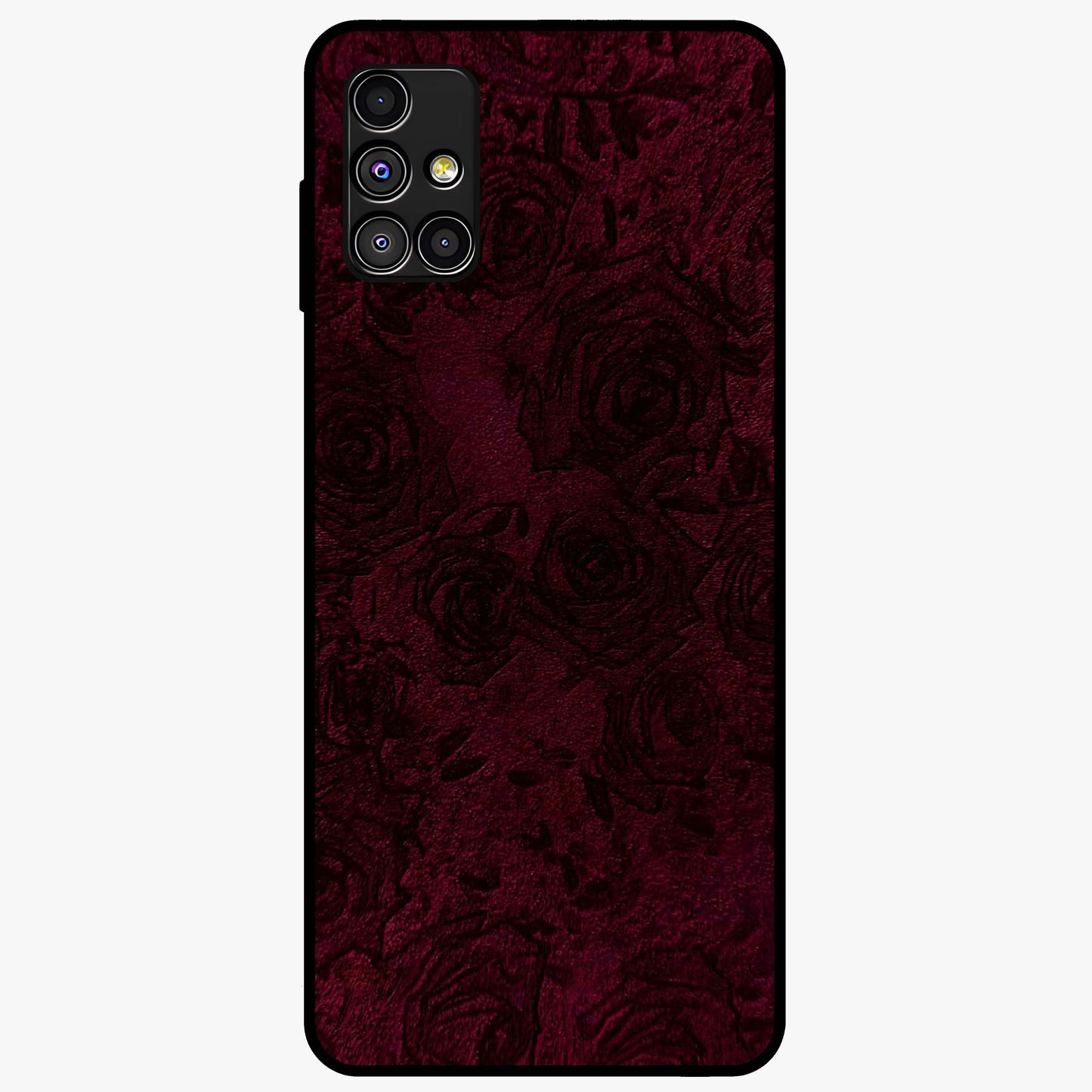 Crimson Fade Flow Glass Case showing flat back view with flowing crimson gradient artwork and glossy glass finish.