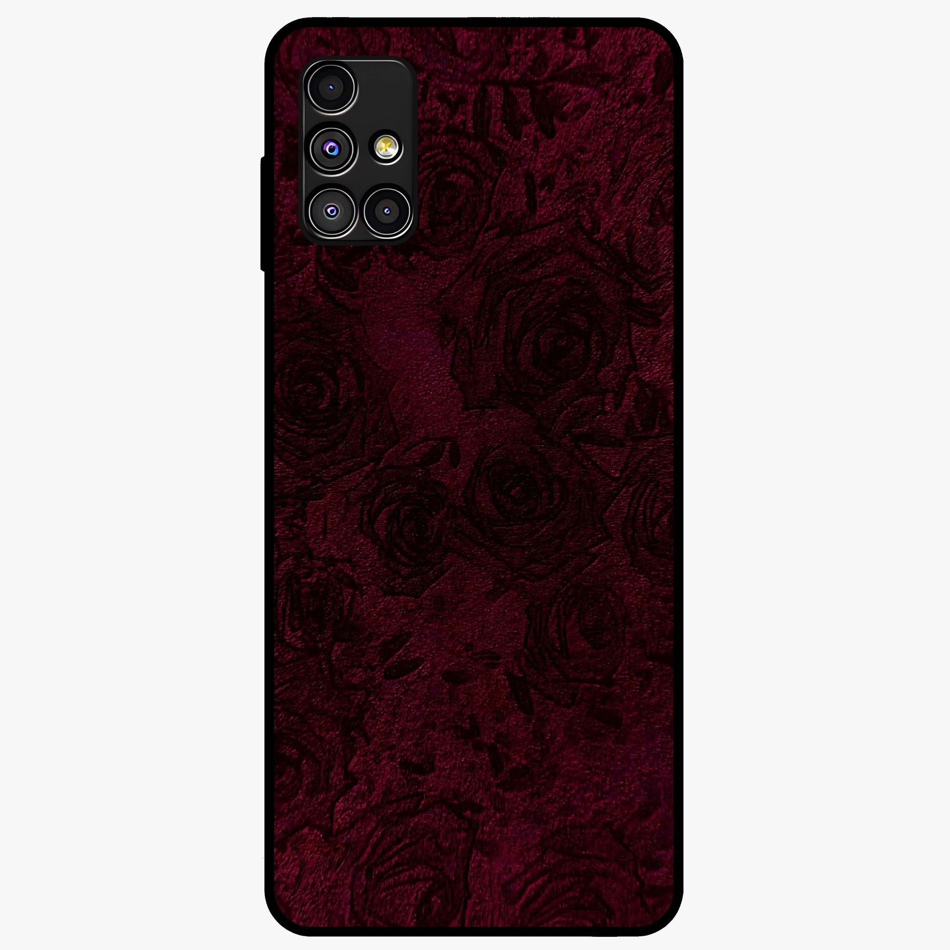 Crimson Fade Flow Glass Case showing flat back view with flowing crimson gradient artwork and glossy glass finish.