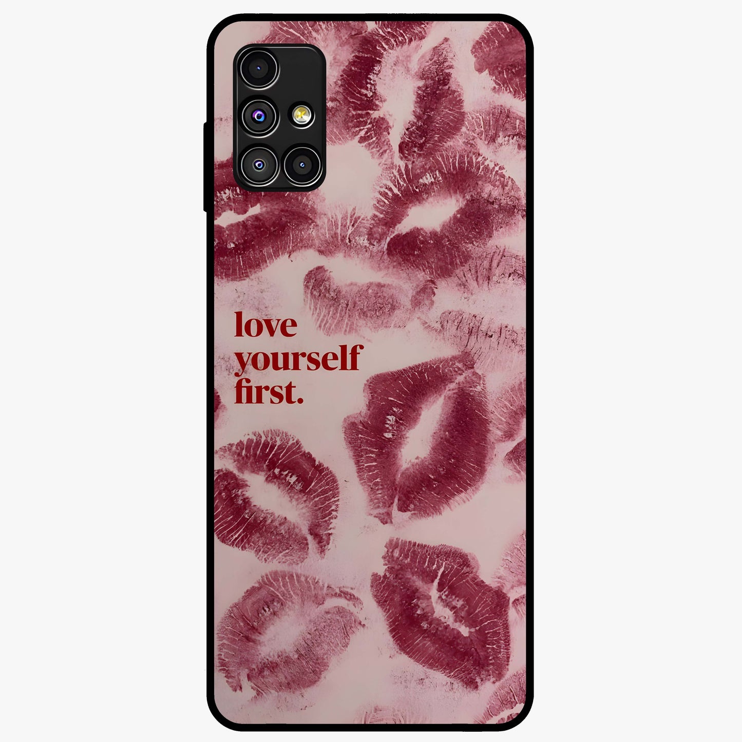 Crimson Kiss Love Glass Case showing flat back view with romantic crimson themed artwork and glossy glass finish.
