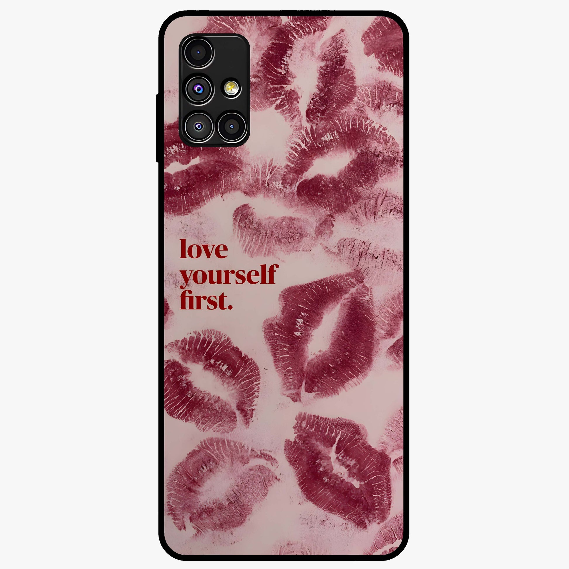 Crimson Kiss Love Glass Case showing flat back view with romantic crimson themed artwork and glossy glass finish.