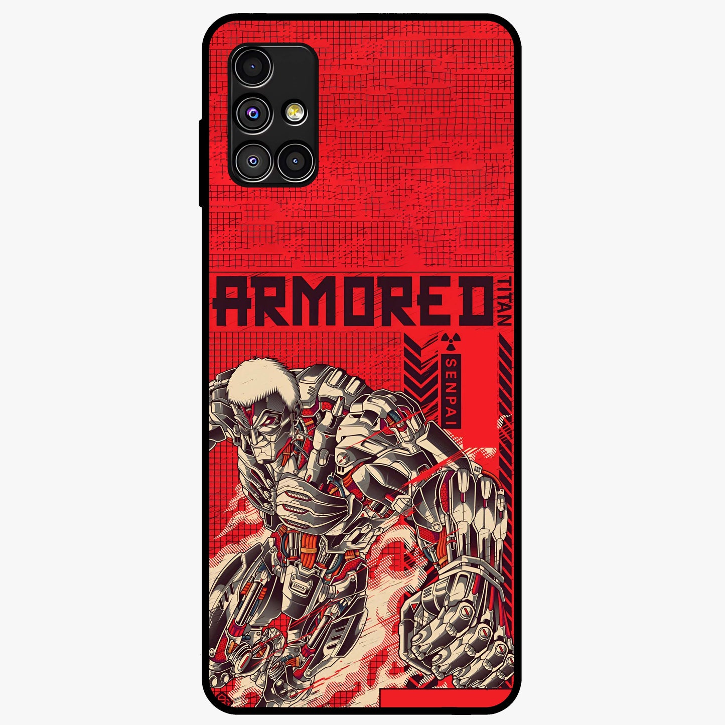 Crimson Mecha Titan Glass Case showing flat back view with powerful mech titan artwork and glossy glass finish.