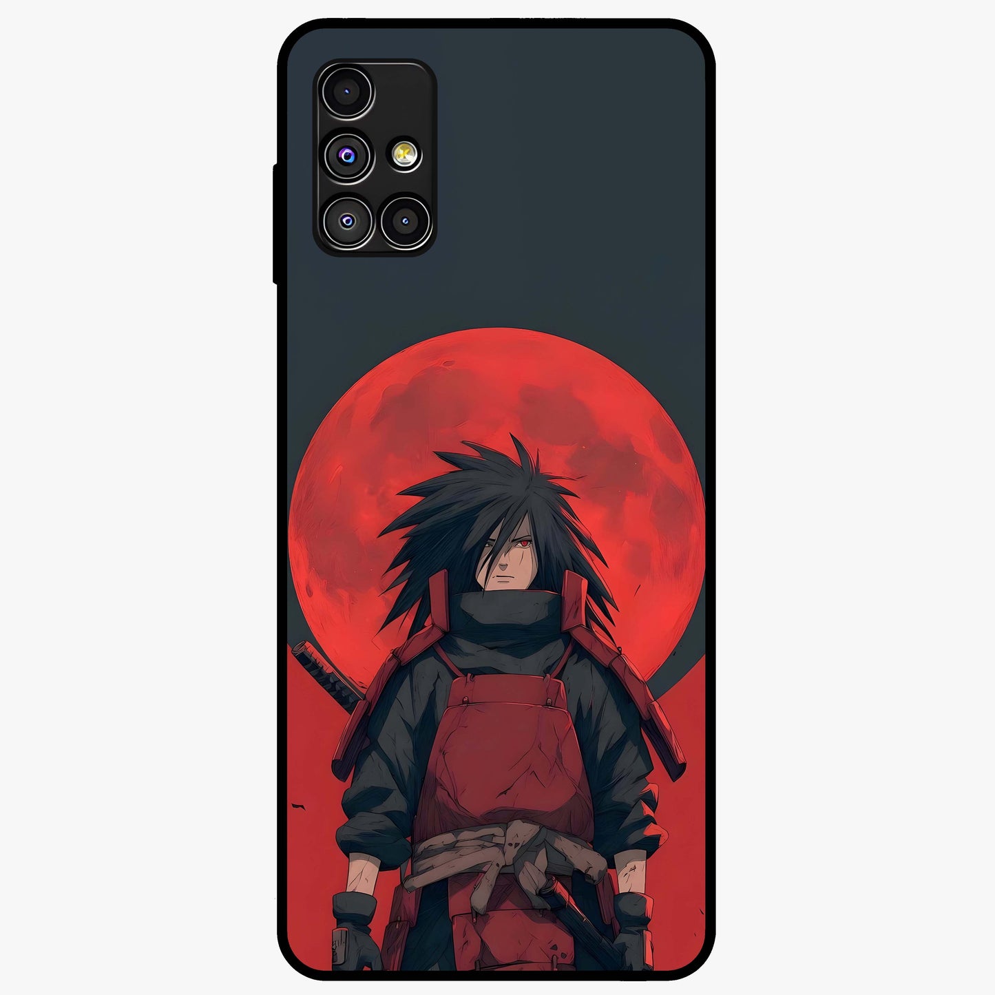 Crimson Moon Warlord Glass Case showing flat back view with mystical moon warrior artwork and glossy glass finish.