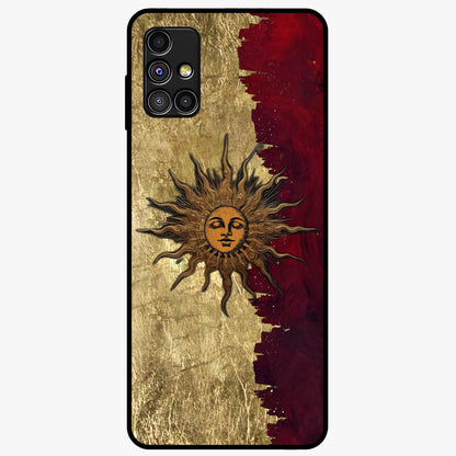 Crimson Sun Majesty Glass Case showing flat back view with radiant sun inspired artwork and glossy glass finish.