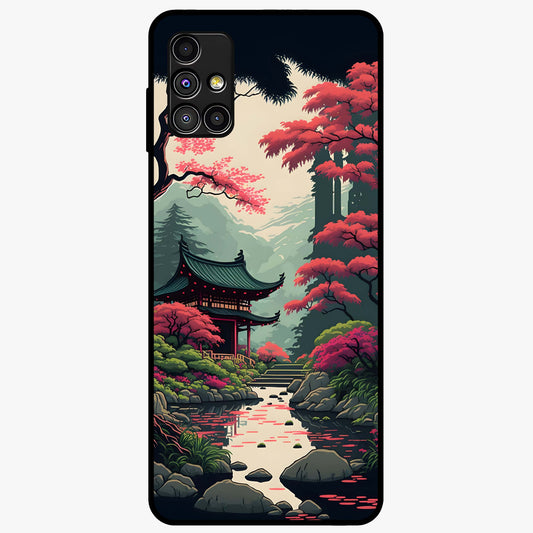 Crimson Temple View Glass Case showing flat back view with temple inspired artwork and glossy glass finish.