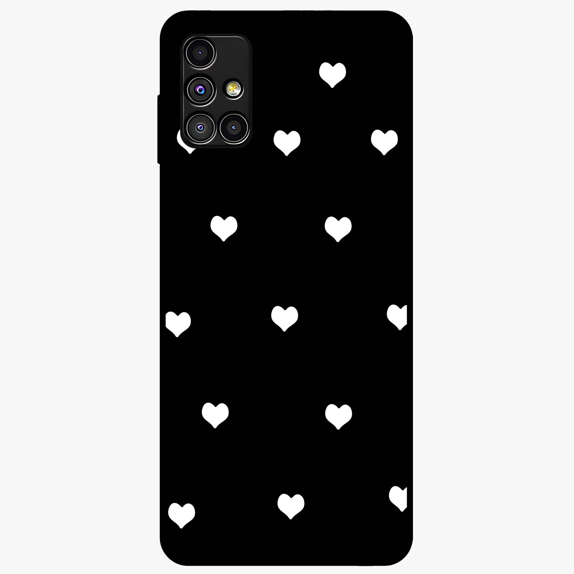 Cute And Simple White Hearts Glass Case showing flat back view with minimal white heart pattern and glossy glass finish.