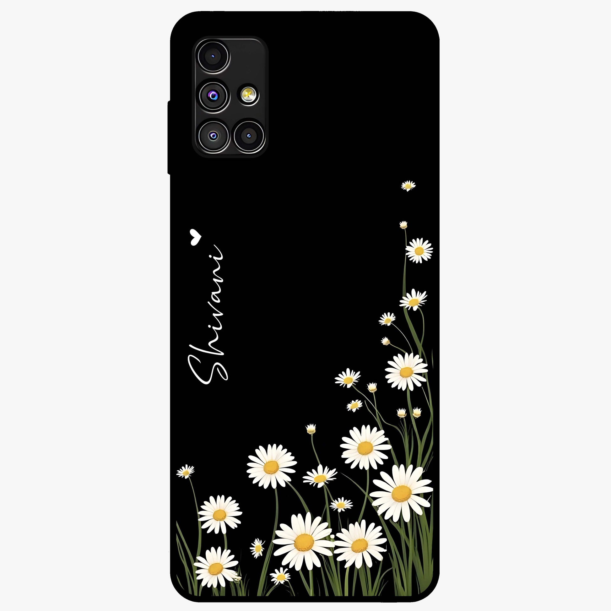 Daisy Cascade Custom Name Glass Case showing flat back view with cascading daisy flowers and personalized name design.