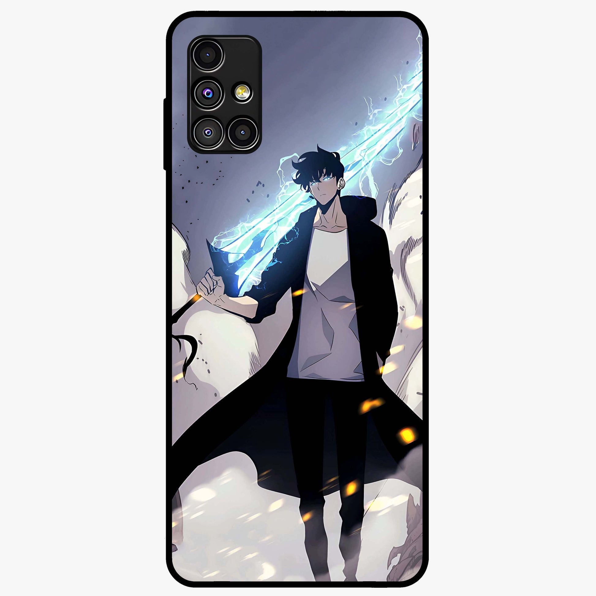 Dark Lightning Anime Warrior Glass Case showing flat back view with intense anime warrior artwork and glossy glass finish.