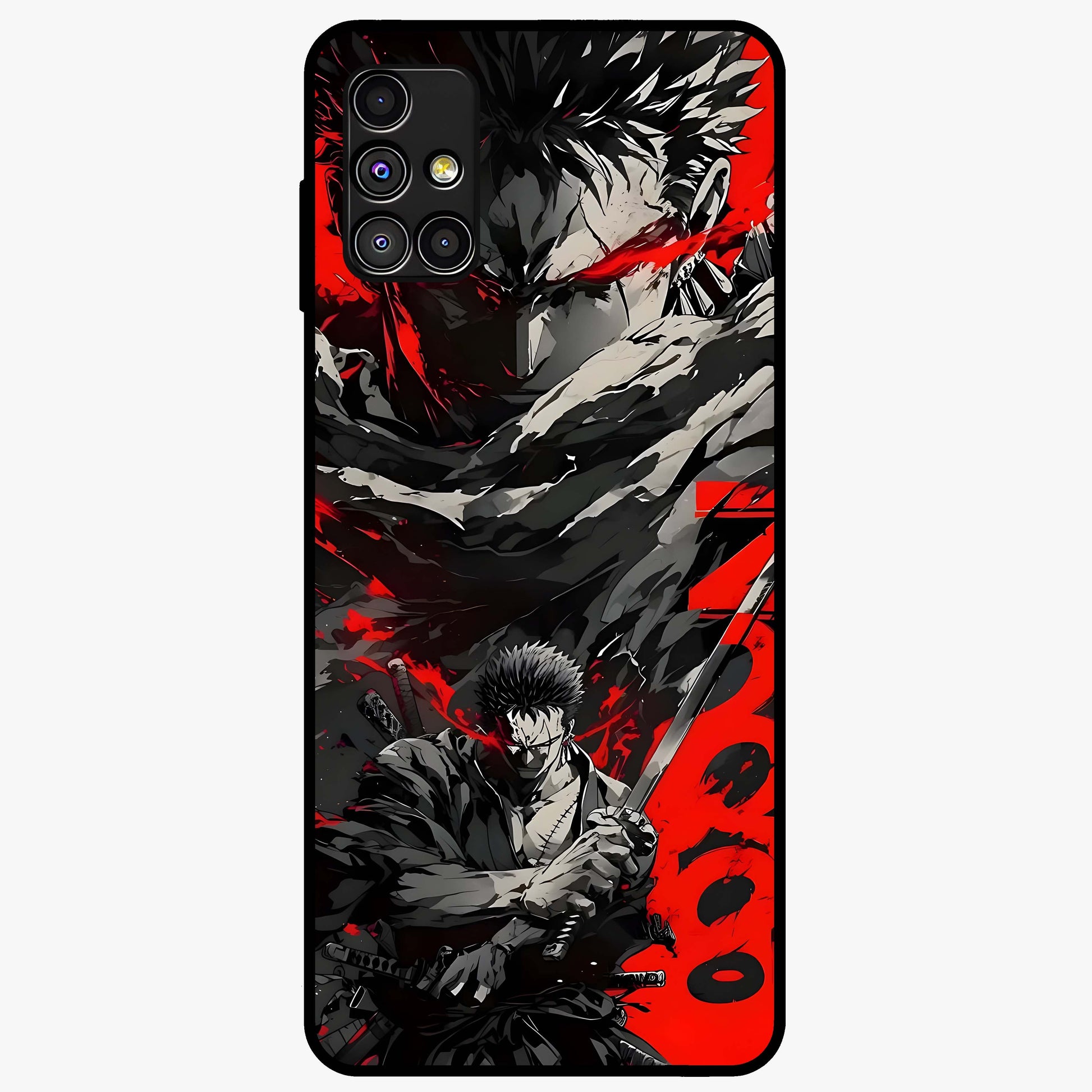 Demon Sword Resolve Glass Case showing flat back view with fierce sword warrior artwork and glossy glass finish.