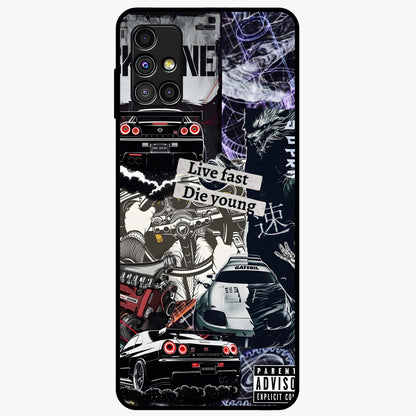 Die Young Glass Case showing flat back view with bold artistic typography design and glossy glass finish.