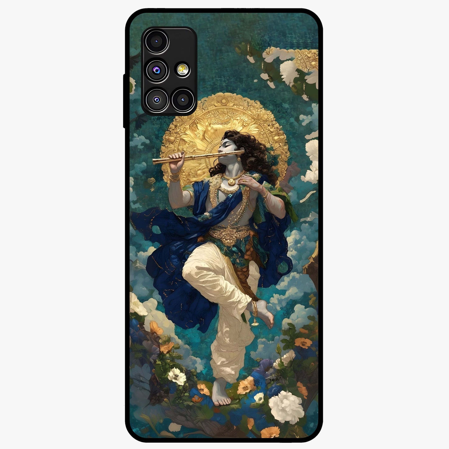 Divine Krishna Art Glass Case showing flat back view with Lord Krishna artwork and glossy glass finish.