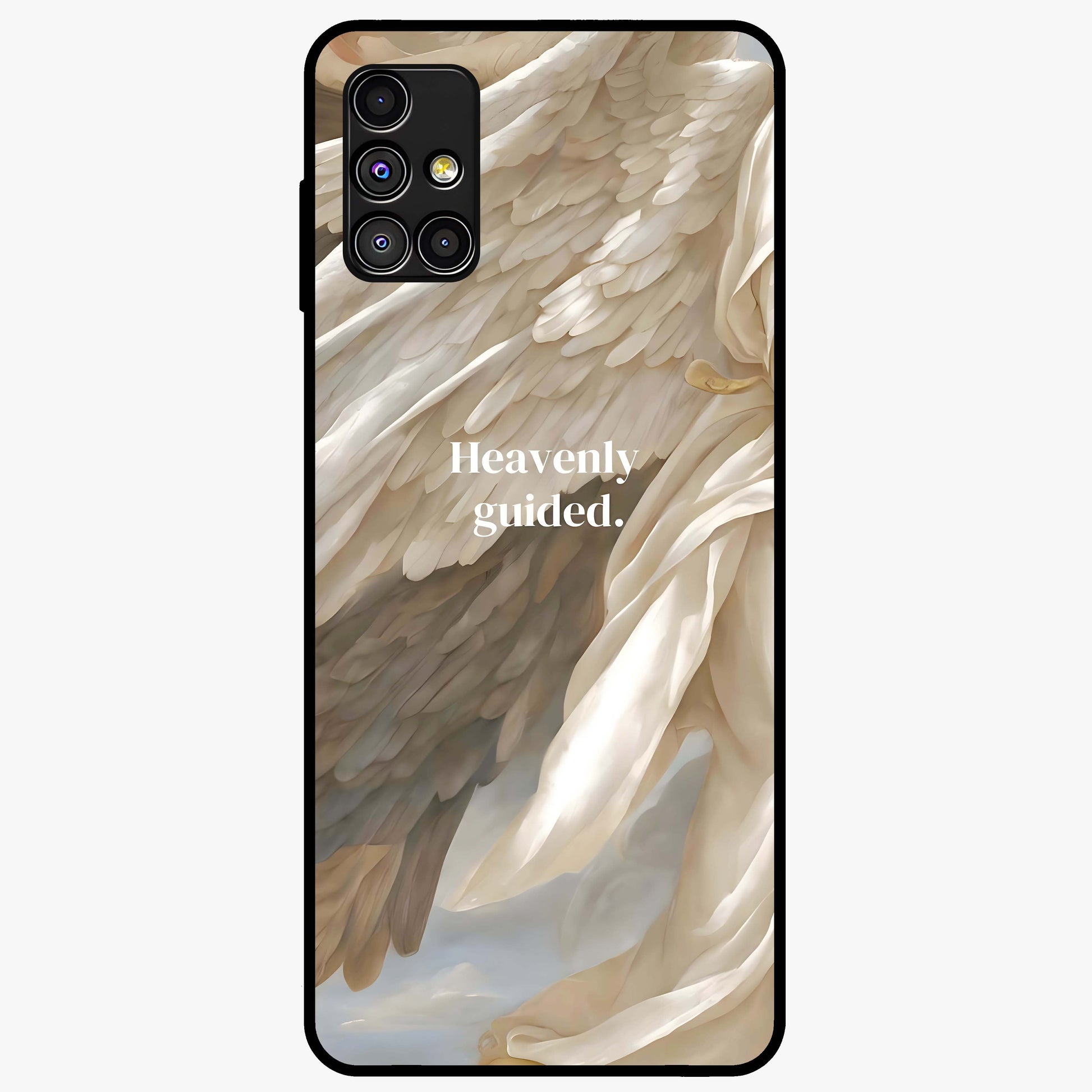 Divine Winged Grace Glass Case showing flat back view with elegant wing inspired artwork and glossy glass finish.