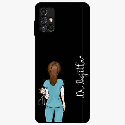 Doctor Pattern Custom Name Glass Case showing flat back view with medical themed pattern and personalized name design.