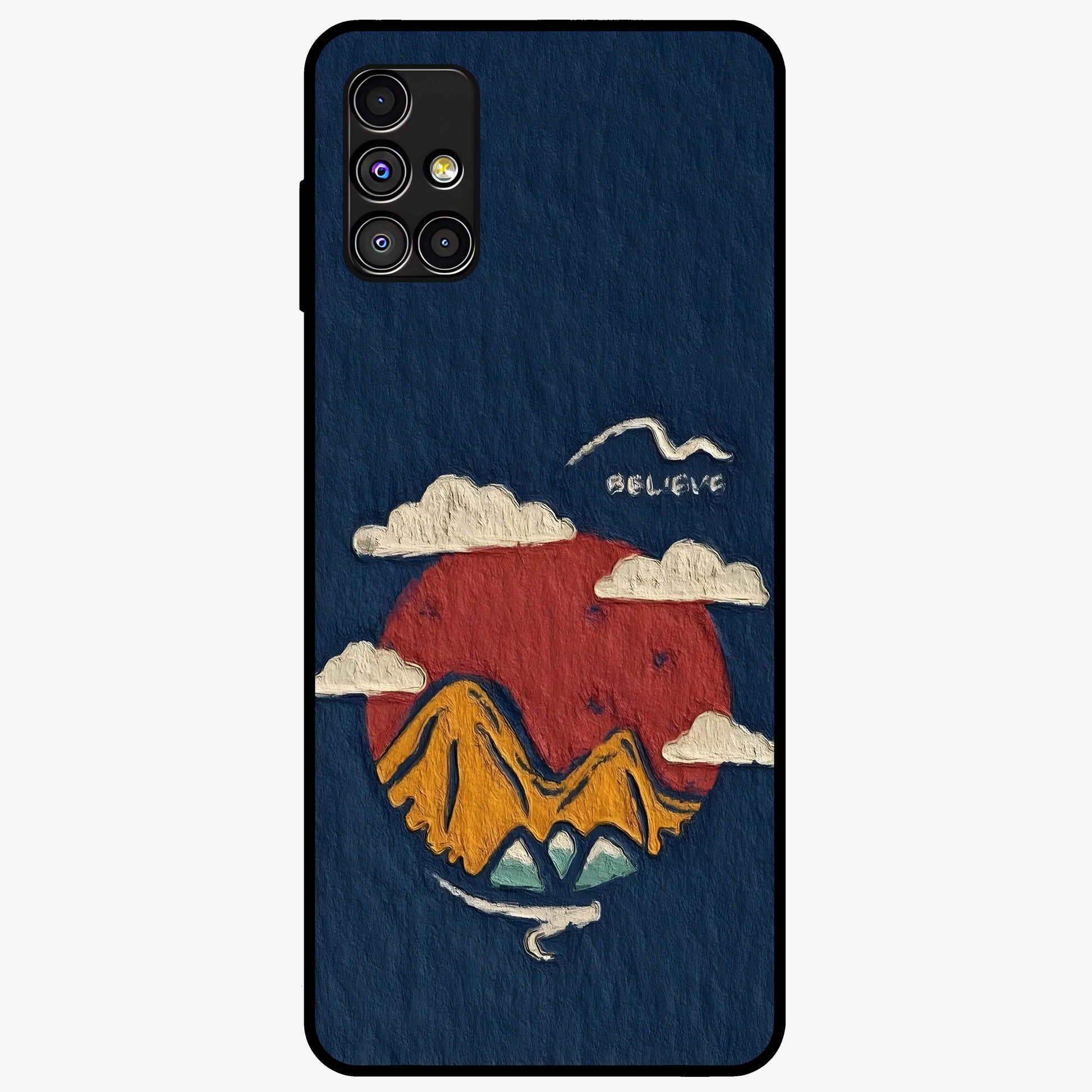 Dream Beyond Mountains Glass Case showing flat back view with scenic mountain landscape artwork and glossy glass finish.