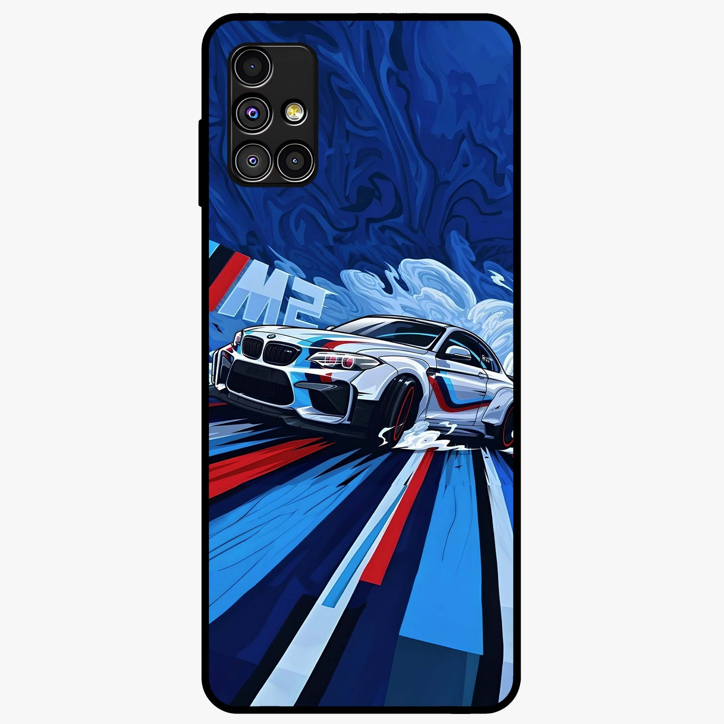 Drift Power Rush Glass Case showing flat back view with dynamic racing inspired artwork and glossy glass finish.