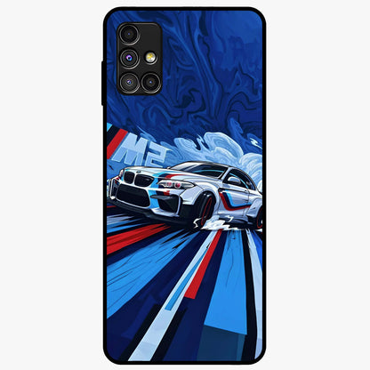 Drift Power Rush Glass Case showing flat back view with dynamic racing inspired artwork and glossy glass finish.