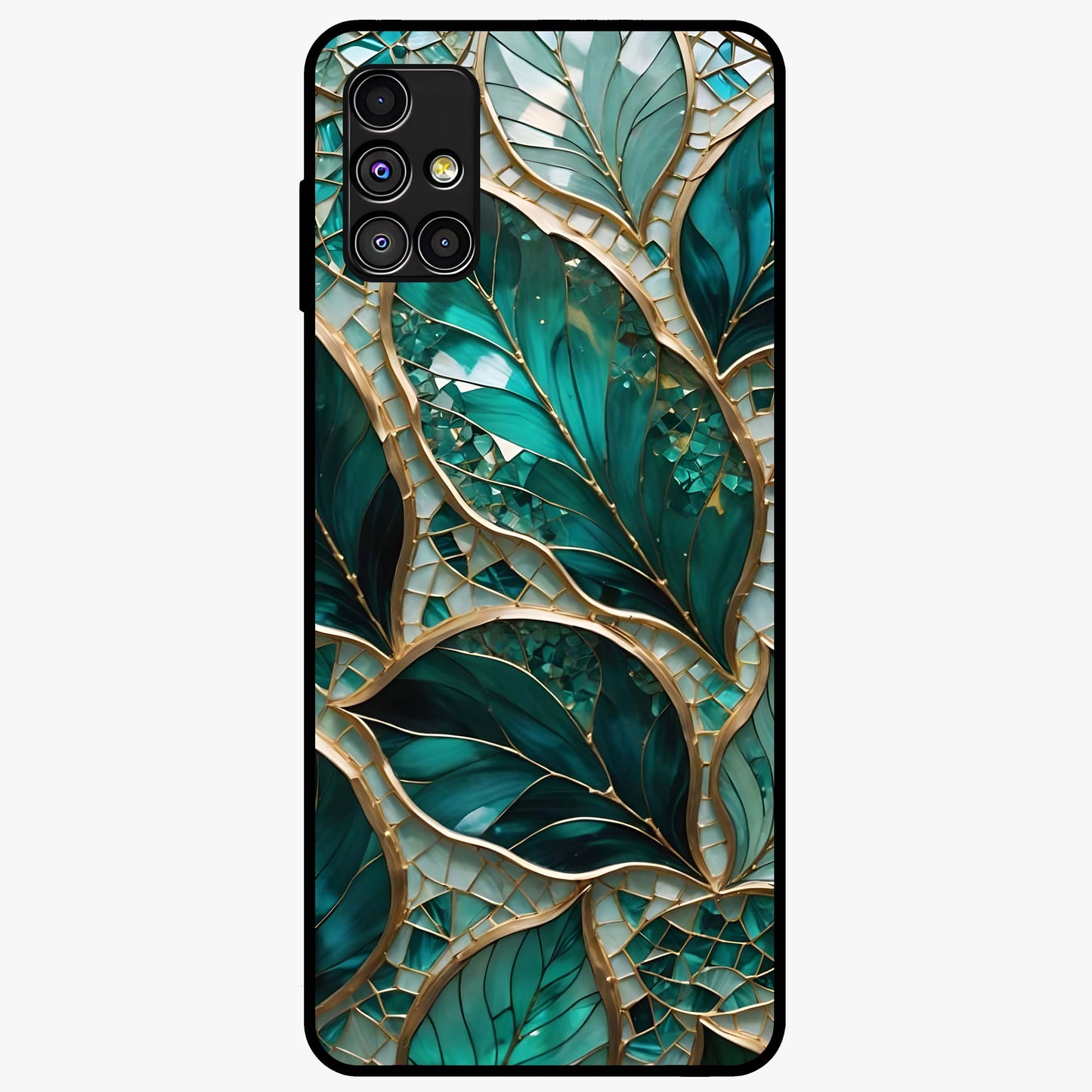 Emerald Leaf Glass Glass Case showing flat back view with emerald green leaf artwork and glossy glass finish.