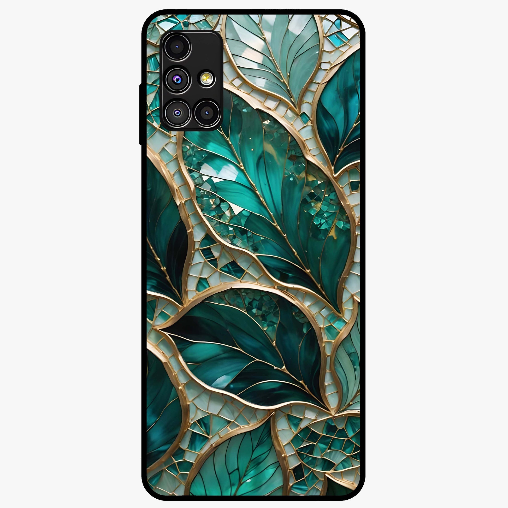 Emerald Leaf Glass Glass Case showing flat back view with emerald green leaf artwork and glossy glass finish.