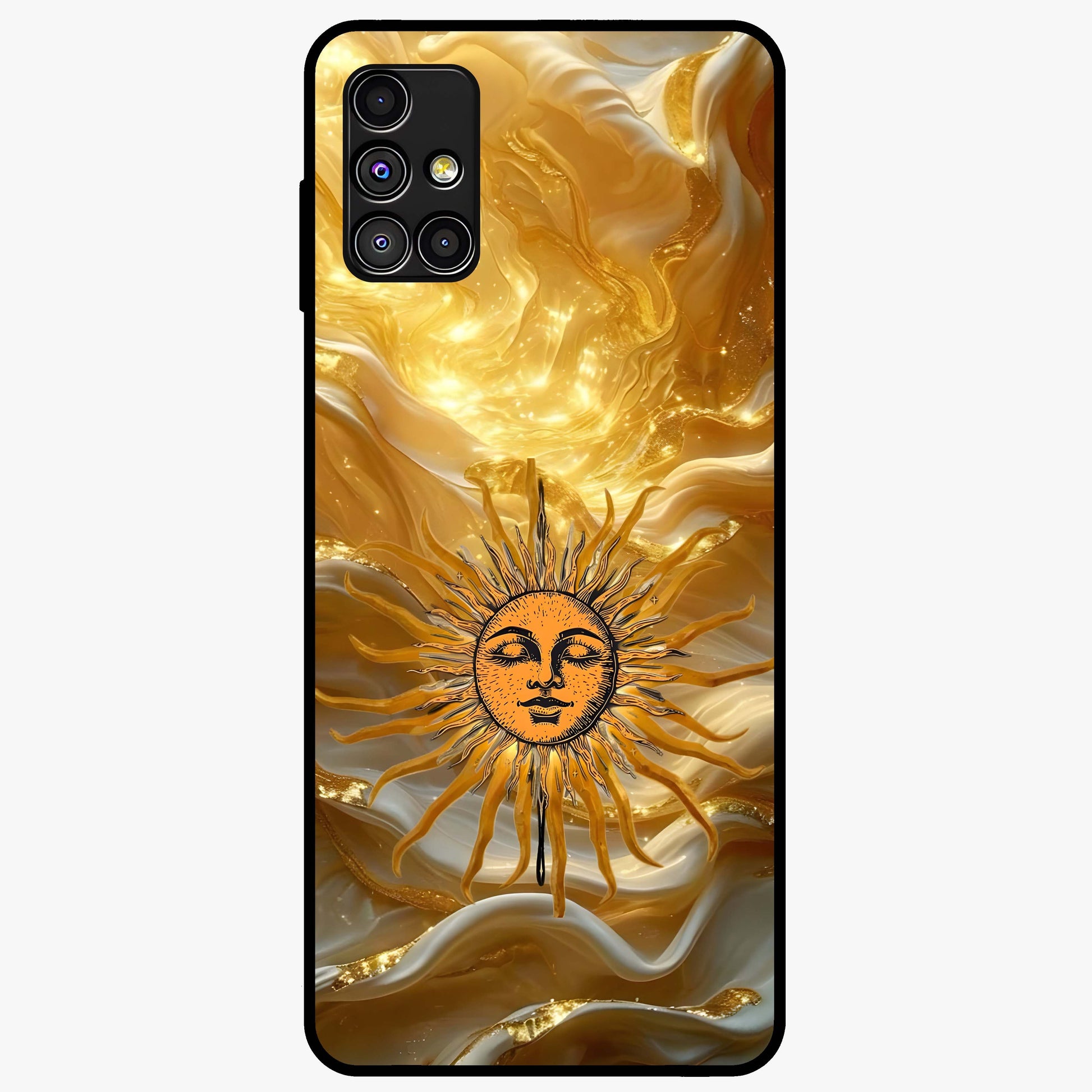 Eternal Golden Glow Glass Case showing flat back view with radiant golden themed artwork and glossy glass finish.