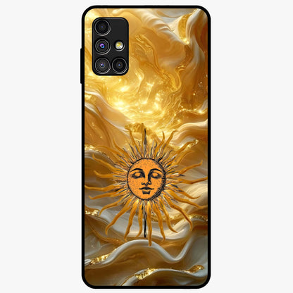 Eternal Golden Glow Glass Case showing flat back view with radiant golden themed artwork and glossy glass finish.