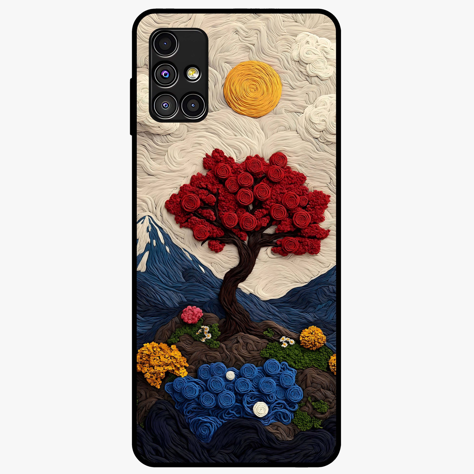 Eternal Nature Tapestry Glass Case showing flat back view with intricate nature tapestry artwork and glossy glass finish.