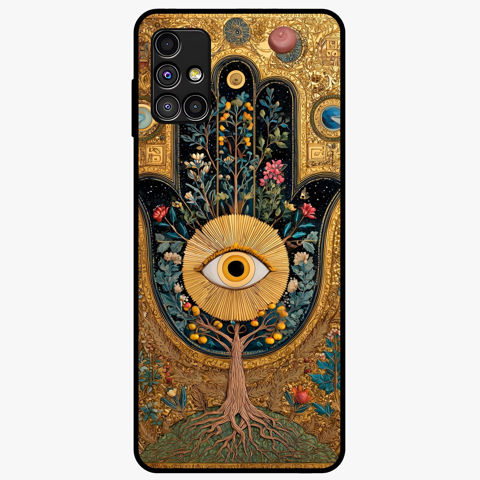 Ethereal Evil Eye Glass Case showing flat back view with mystical evil eye artwork and glossy glass finish.