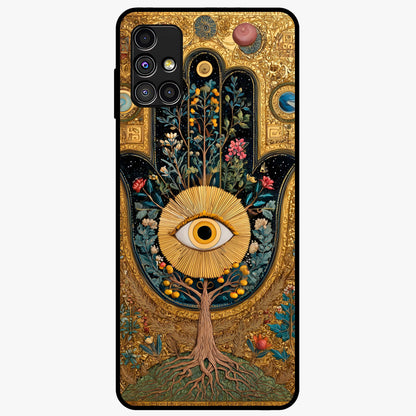 Ethereal Evil Eye Glass Case showing flat back view with mystical evil eye artwork and glossy glass finish.