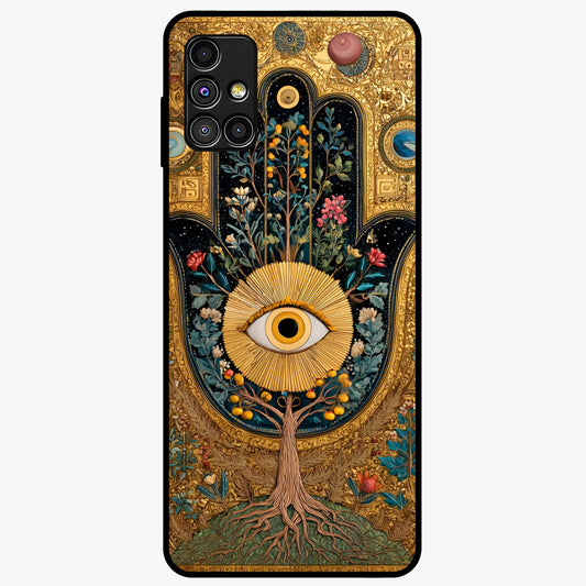 Ethereal Evil Eye Glass Case showing flat back view with mystical evil eye artwork and glossy glass finish.