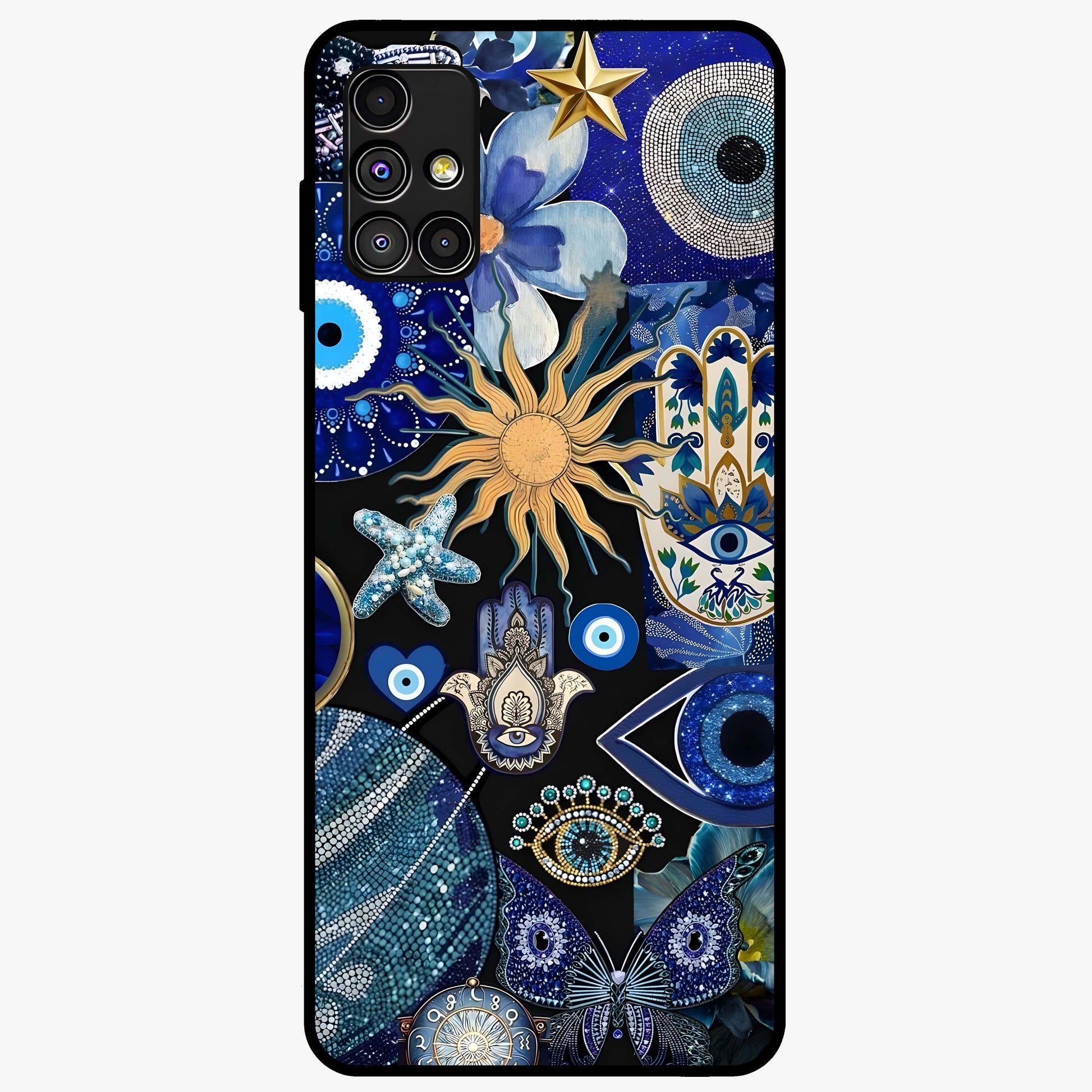 Evil Eye Charm Mix Glass Case showing flat back view with multiple evil eye charms artwork and glossy glass finish.