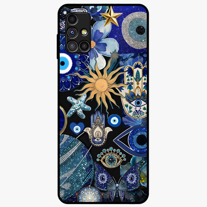 Evil Eye Charm Mix Glass Case showing flat back view with multiple evil eye charms artwork and glossy glass finish.