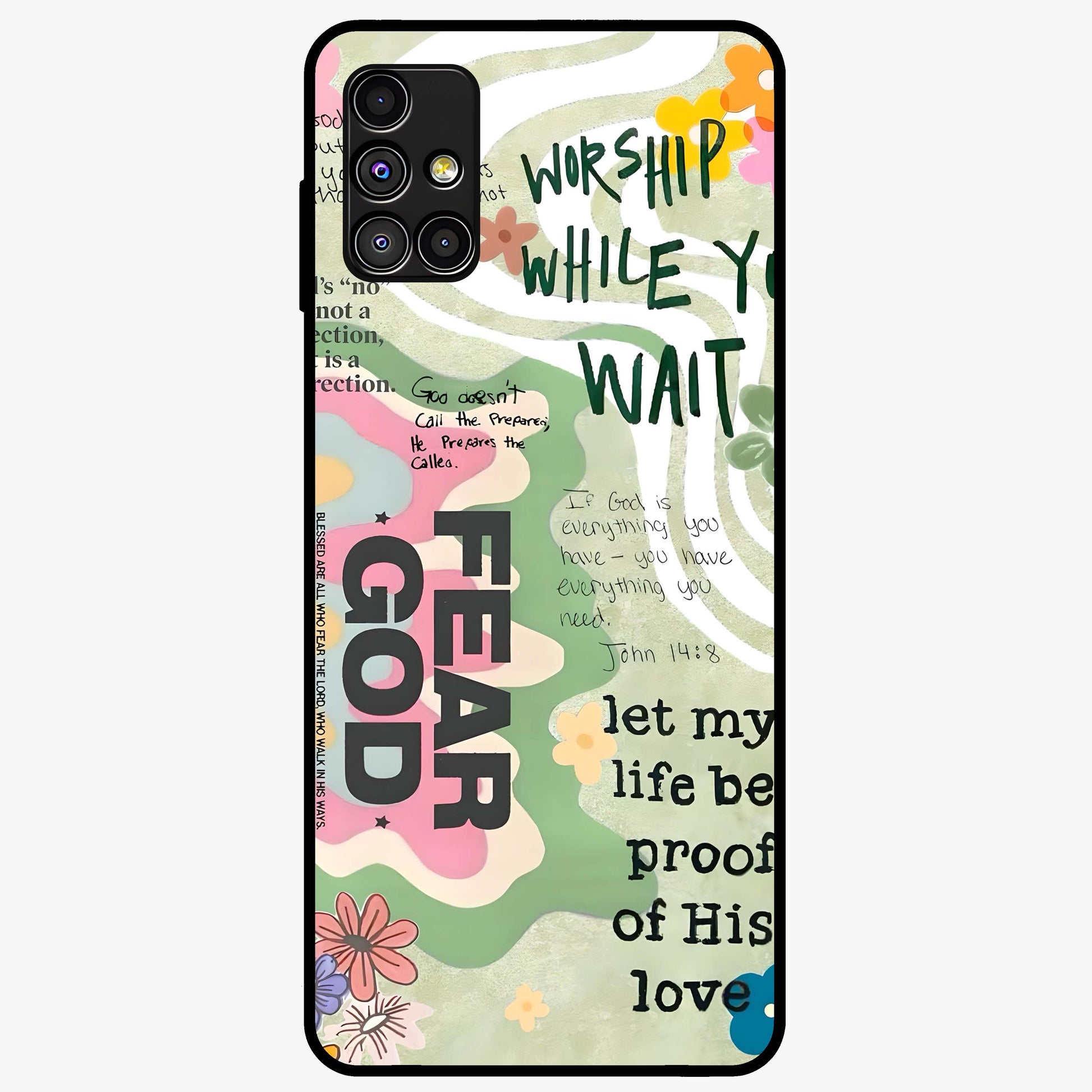 Faith Over Fear Glass Case showing flat back view with motivational typography artwork and glossy glass finish.