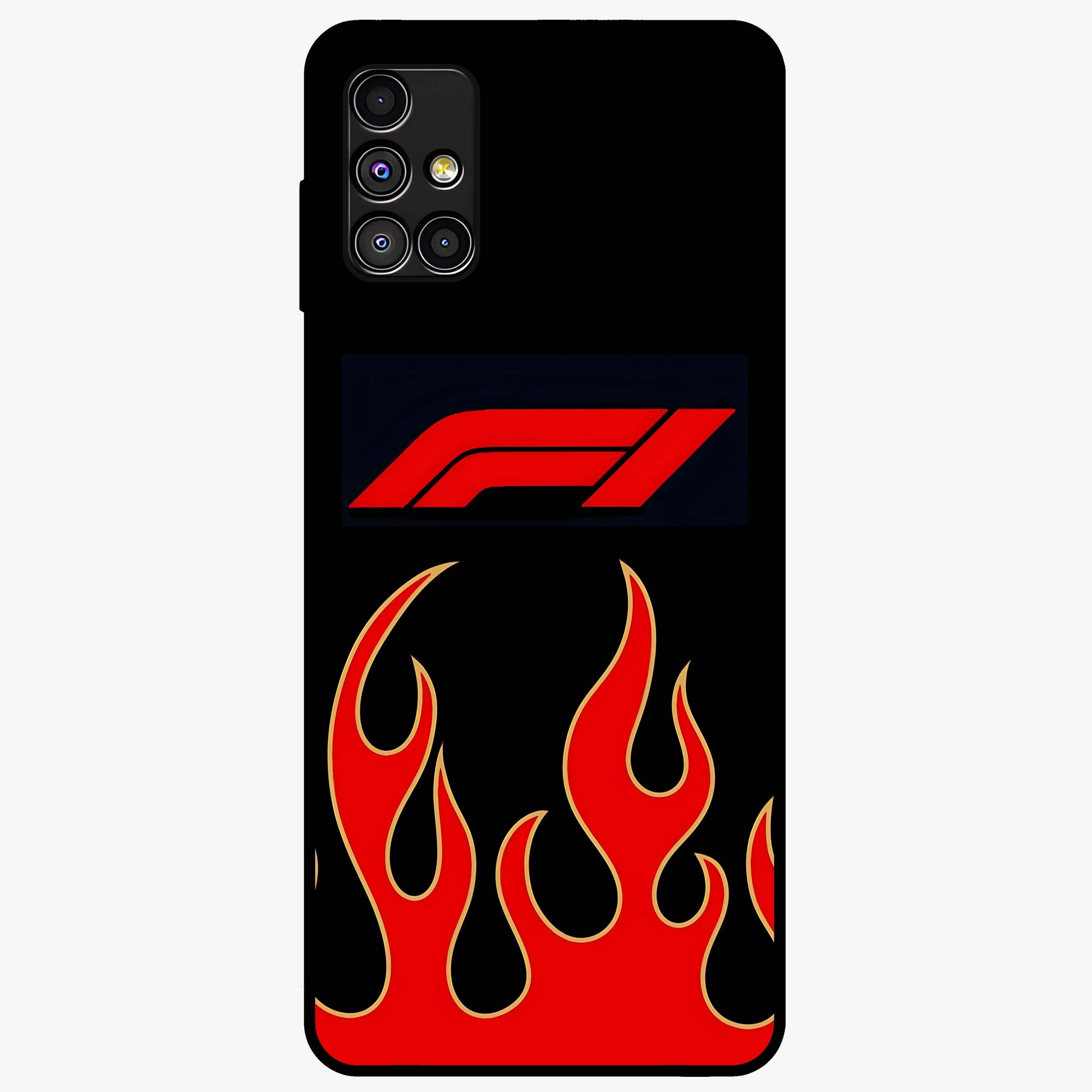 Fire F11 Glass Case showing flat back view with fiery themed artwork and glossy glass finish.