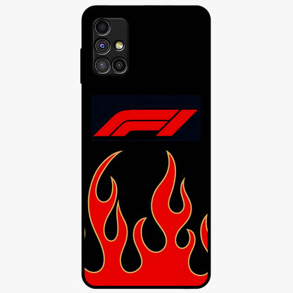 Fire F11 Glass Case showing flat back view with fiery themed artwork and glossy glass finish.