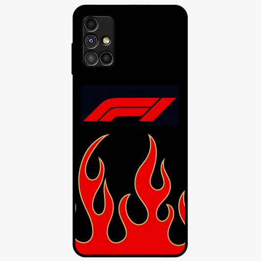 Fire F11 Glass Case showing flat back view with fiery themed artwork and glossy glass finish.
