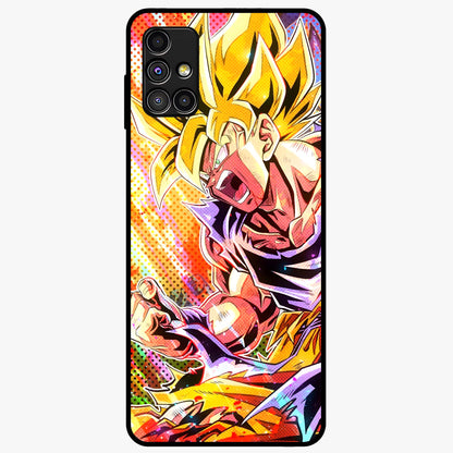 Firing Goku Glass Case showing flat back view with powerful anime inspired artwork and glossy glass finish.