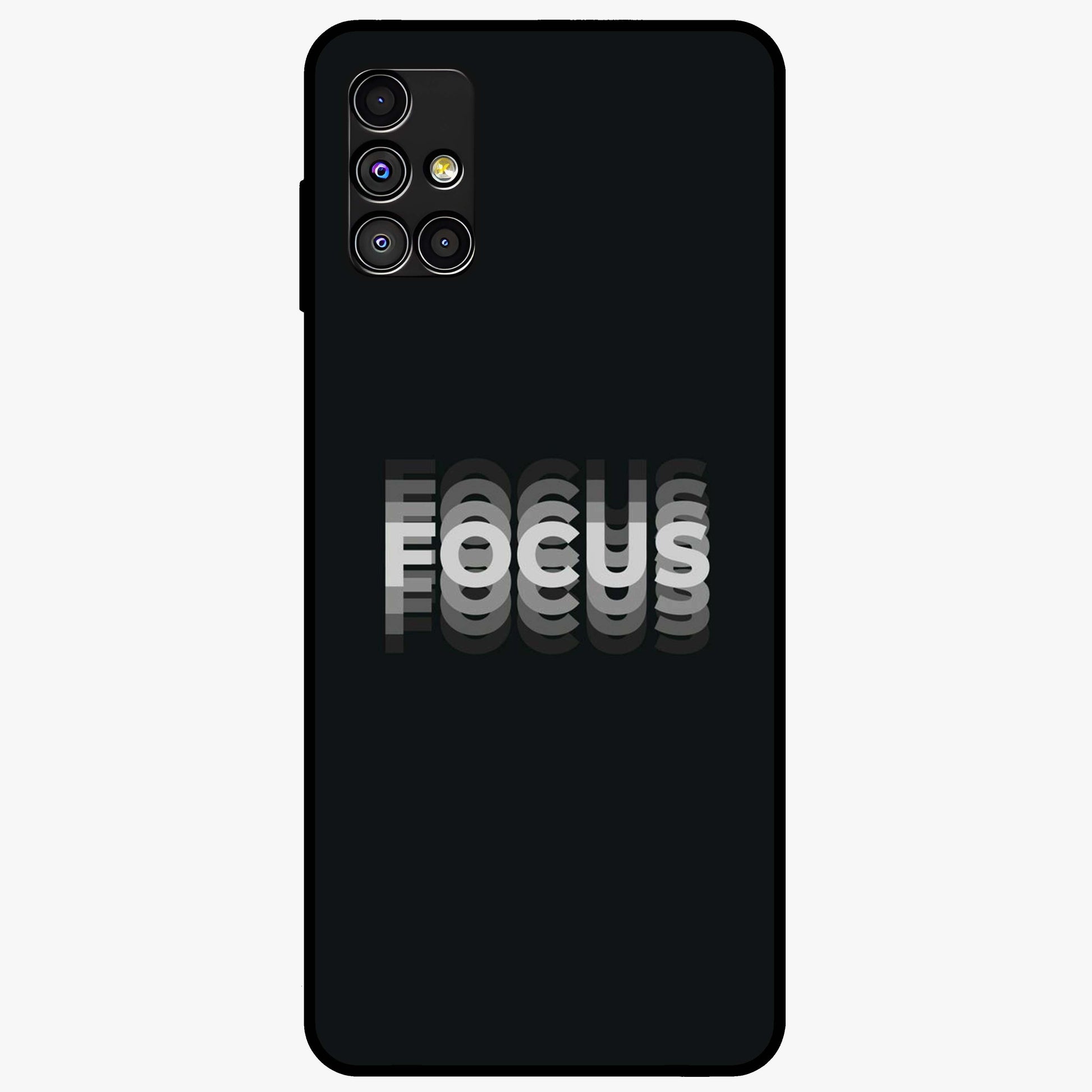 Focus Mode On Glass Case showing flat back view with bold motivational typography design and glossy glass finish.