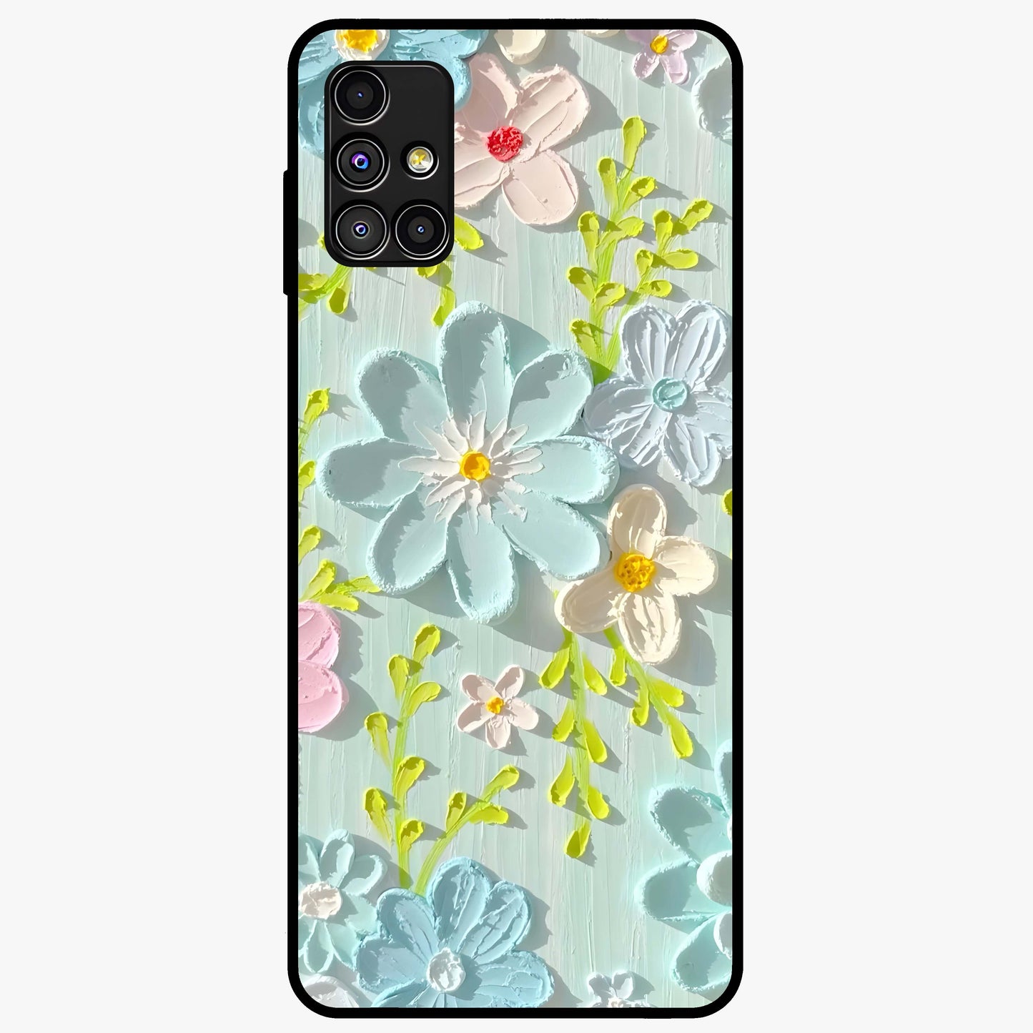 Frosted Petal Garden Glass Case showing flat back view with soft frosted floral artwork and glossy glass finish.