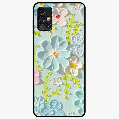 Frosted Petal Garden Glass Case showing flat back view with soft frosted floral artwork and glossy glass finish.