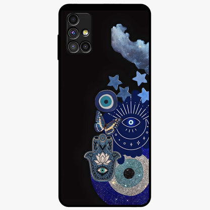 Galactic Charm Cluster Glass Case showing flat back view with glowing celestial charm artwork and glossy glass finish.